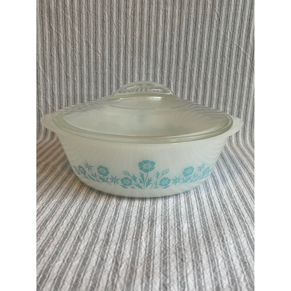Maid of Honor Vintage Milk Glass Casserole Dish Turquoise Blue Floral with Lid